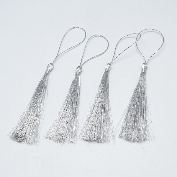 

PandaHall Nylon Tassel Big Pendant Decorations, Silver, 135~145mm, Tassel: 78~85x5mm Nylon Silver