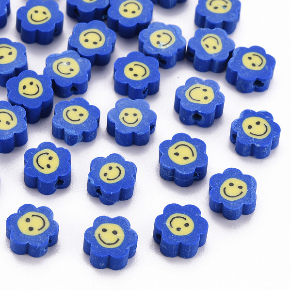 

PandaHall Handmade Polymer Clay Beads, Flower with Smiling Face, Blue, 9~10x8~9x4~5mm, Hole: 1.4~1.6mm Polymer Clay Flower Blue