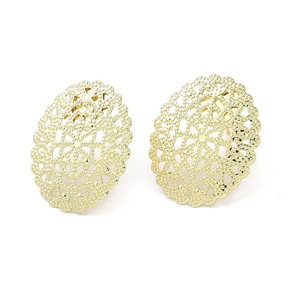 

PandaHall Brass Stud Earring Findings, Hollow Out Oval, Real 14K Gold Plated, 21.5x17.5mm, Pin: 0.7mm Brass Oval