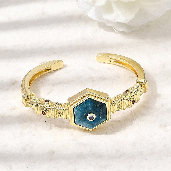 Bracciale rigido aperto esagonale da donna in ottone con pavé di apatite naturale e zirconi cubici