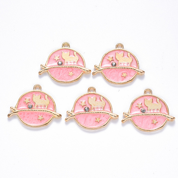 

PandaHall Alloy Enamel Pendants, with Crystal Rhinestone, Flat Round, Star & Cat, Clear, Light Gold, Light Coral, 22x26x2.5mm, Hole: 2mm..., Red