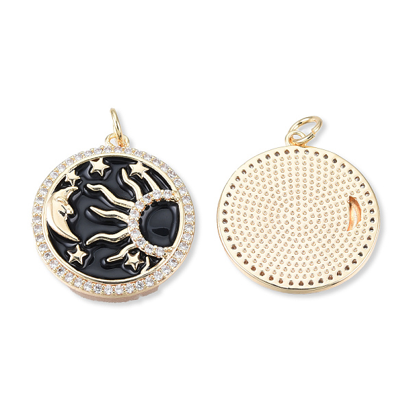 

PandaHall Brass Pave Clear Cubic Zirconia Pendants, with Jump Rings and Enamel, Cadmium Free & Nickel Free & Lead Free, Flat Round with Sun...