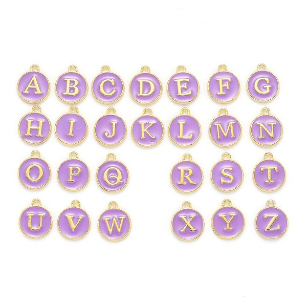

PandaHall Initial Letter A~Z Alphabet Enamel Charms, Flat Round Disc Double Sided Charms, Medium Purple, 14x12x2mm, Hole: 1.5mm, 26pcs/set...
