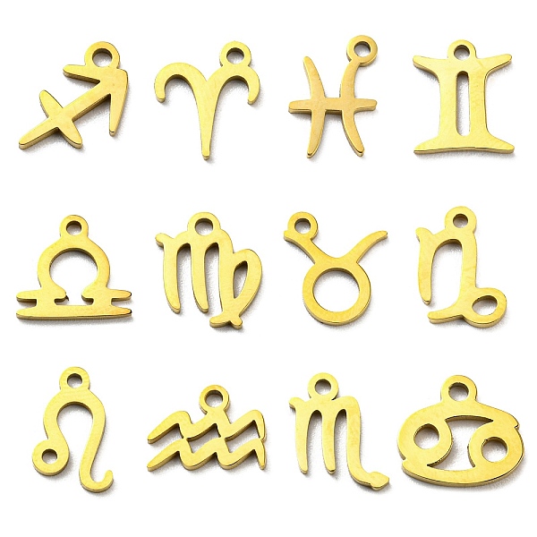 

PandaHall 12Pcs Ion Plating(IP) 304 Stainless Steel Pendants, Golden, Twelve Constellation Charm, Constellation, 7.5~11x7.5~10x1mm, Hole...