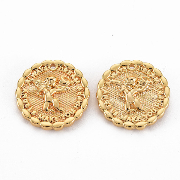 

PandaHall Brass Pendants, Nickel Free, flat round with Word & Cupid/Cherub, Real 18K Gold Plated, 16x3mm, Hole: 1mm Brass Flat Round