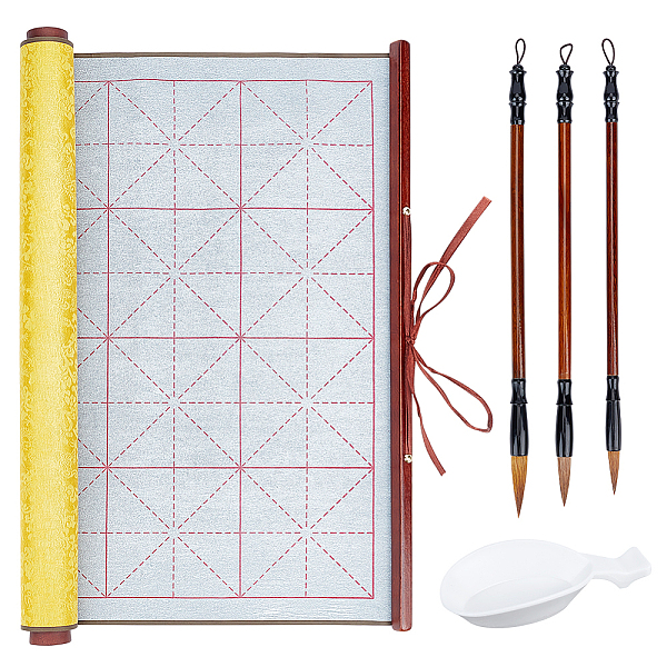 PandaHall 1Pc Chinese Calligraphy Brush Water Writing Magic Cloth Roll, with 1Pc Spoon Shape Ink Tray Containers and 3Pcs 3 Styles Brushes...