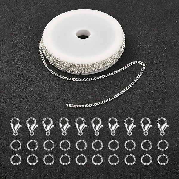 

PandaHall DIY Chains Bracelet Necklace Making Kit, Including Iron Curb Chains & Jump Rings, Alloy Clasps, Silver, Chain: 5m/set Iron