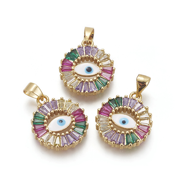 

PandaHall Brass Enamel Pendant, with Cubic Zirconia, Flat Round with Evil Eye, Colorful, Golden, 18x15.5x3mm, Hole: 4x5mm Brass+Cubic...