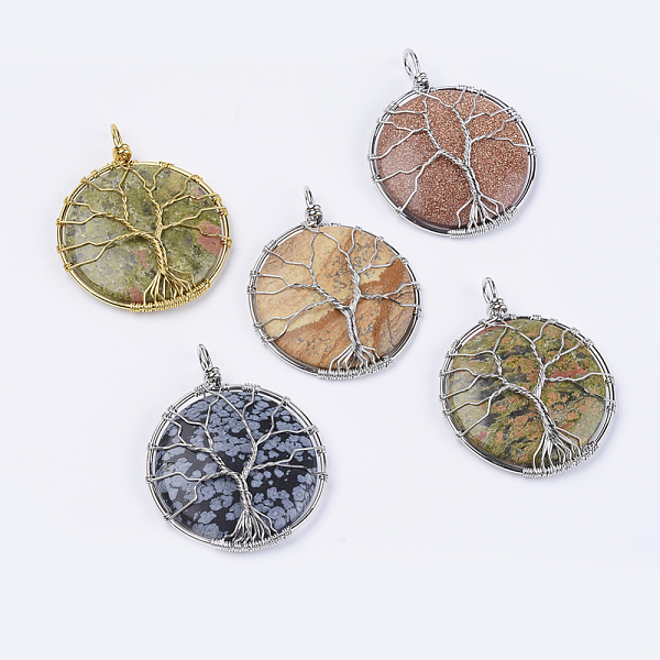 

PandaHall Natural & Synthetic Mixed Stone Big Pendants, Wire Wrapped Pendants, with Brass Findings, Flat Round with Tree of Life, Platinum &...