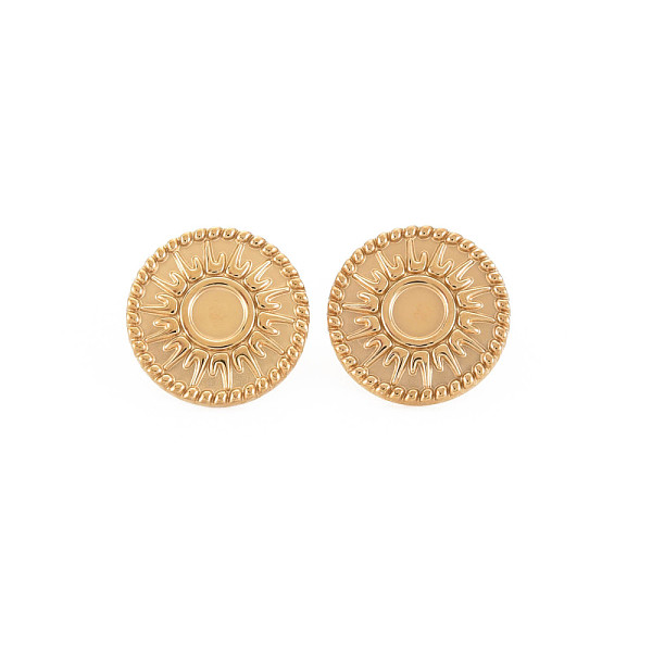 

PandaHall Ion Plating(IP) 304 Stainless Steel Stud Earring Findings, Earring Setting for Enamel, with Ear Nuts and Loop, Flat Round with Sun...