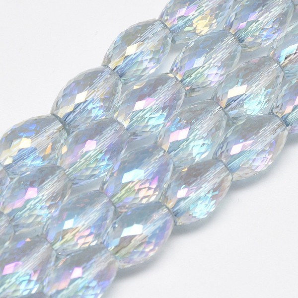 

PandaHall Electroplate Glass Beads Strands, Rainbow Plated, Faceted, Oval, Light Cyan, 11~12x8mm, Hole: 1mm, about 60pcs/strand, 27.56 inch...