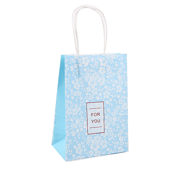 PandaHall Kraft Paper Bags, with Handle, Gift Bags, Shopping Bags, Rectangle with Flower Pattern, Light Sky Blue, 15x8x21cm Paper Flower