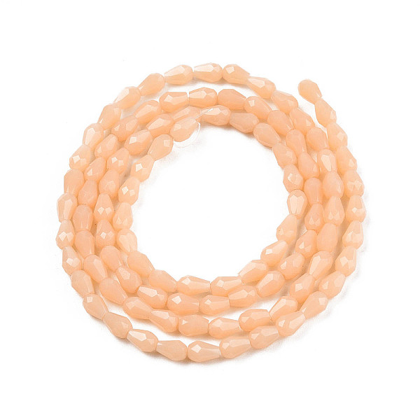 

PandaHall Opaque Solid Color Glass Beads Strands, Faceted Teardrop, Wheat, 4x3mm, Hole: 0.8mm, about 98~100pcs/strand, 15.94 inch~16.73 inch..., Orange