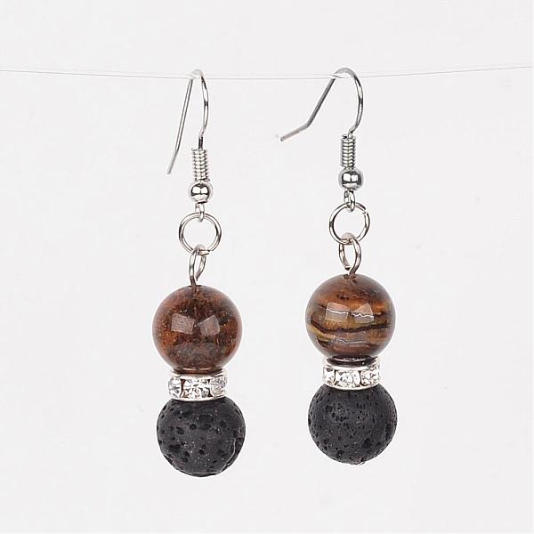 

PandaHall Natural Lava Rock Dangle Earrings, with Tiger Eye Beads, Brass Rhinestone Findings and Earring Hooks, 47mm, Pin: 0.6mm Tiger Eye