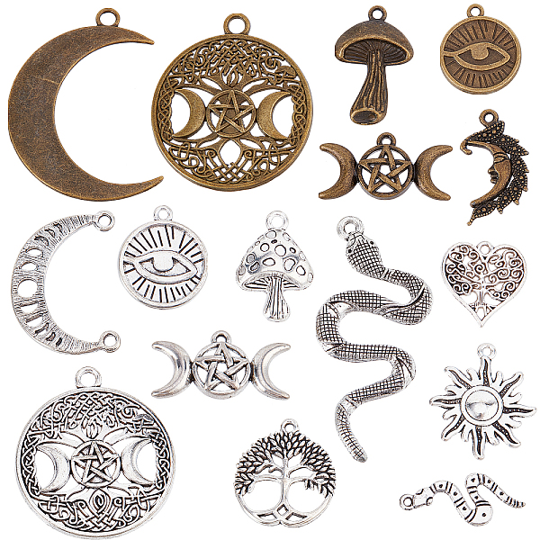 

PandaHall SUNNYCLUE 64Pcs 16 Style Tibetan Style Alloy Pendants, Mushroom & Heart & Moon, Mixed Color, 16~53.5x11~35x1.5~5mm, Hole: 1~3mm...