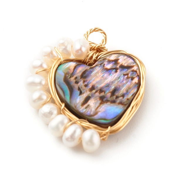 

PandaHall Heart Natural Paua Shell Pendants, Wire Wrapped Pendants, with Natural Cultured Freshwater Pearl Beads and Eco-Friendly Copper...