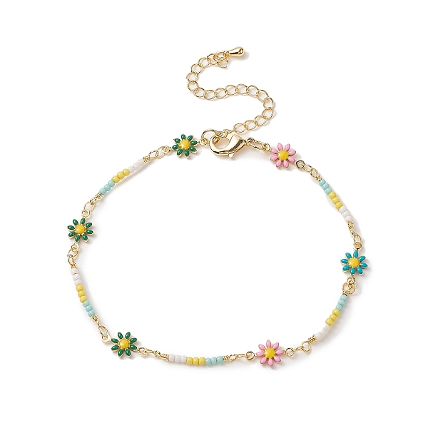 

PandaHall Handmade Brass Daisy Flower Link Chain Anklet for Women, Colorful, 11-3/8 inch(28.9cm) Brass Multicolor
