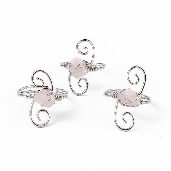 

PandaHall Natural Rose Quartz Chips with Vortex Finger Ring, Platinum Brass Wire Wrap Jewelry for Women, Inner Diameter: 18mm Rose Quartz