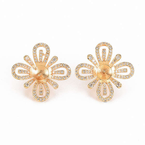 

PandaHall Brass Micro Pave Clear Cubic Zirconia Stud Earring Findings, for Half Drilled Bead, Nickel Free, Flower, Real 18K Gold Plated...