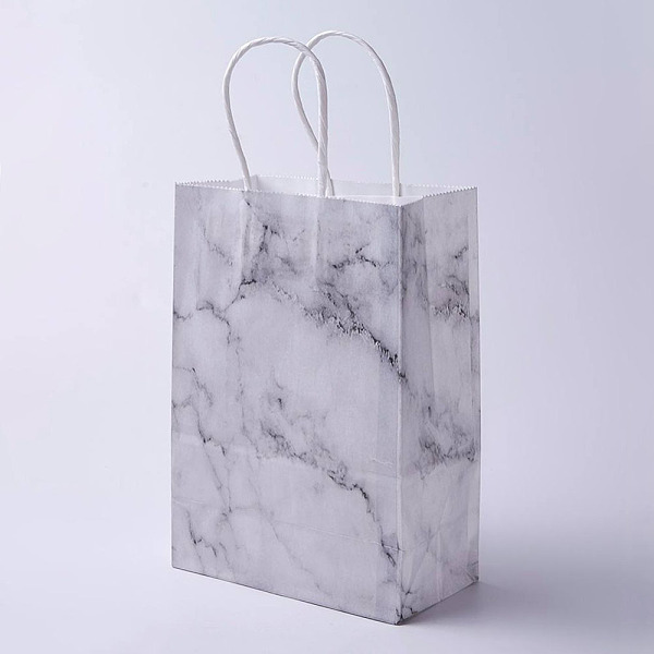 

PandaHall kraft Paper Bags, with Handles, Gift Bags, Shopping Bags, Rectangle, Marble Texture Pattern, White, 27x21x10cm Paper Others White