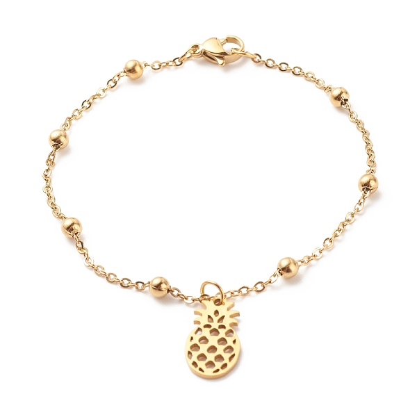 

PandaHall Ion Plating(IP) 201 Stainless Steel Pineapple Charm Bracelet with 304 Stainless Steel Satellite Chains for Women, Golden, 7-1/4...