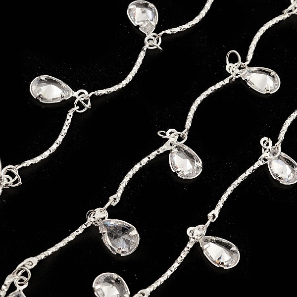 PandaHall Brass Curved Bar Link Chains, with Clear Cubic Zirconia Teardrop Charms, Unwelded, with Spool, Silver, 18x1mm Brass+Cubic Zirconia