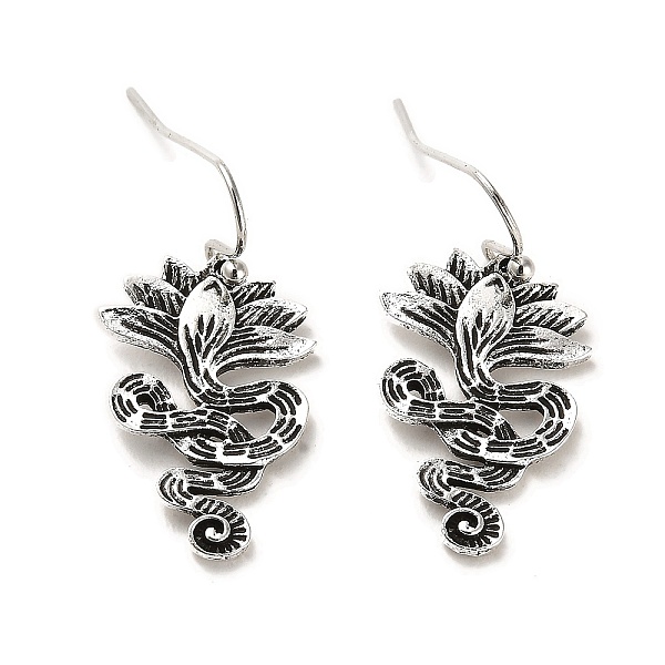 

PandaHall Lotus & Snake Dangle Earrings, Zinc Alloy Long Drop Earrings for Women, Antique Silver, 31x16mm Alloy Snake