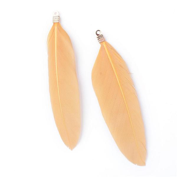 PandaHall Goose Feather Pendants, Big Pendants, with Iron Findings, Golden, Dyed, Navajo White, 72~82x12~19mm, Hole: 1.5mm Feather Feather...
