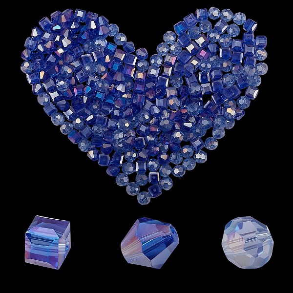 

PandaHall 360Pcs 3 Style Electroplate Glass Beads Strands, AB Color Plated, Faceted, Round & Cube & Bicone, Blue, 7.5~8x7.5~8x7.5~8mm, Hole...