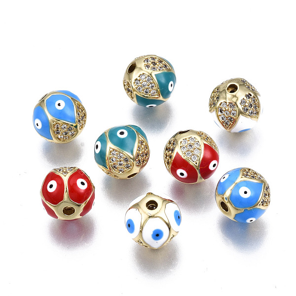 

PandaHall Brass Micro Pave Clear Cubic Zirconia Beads, Real 16K Gold Plated, with Enamel, Nickel Free, Round with Eye, Mixed Color..., Multicolor