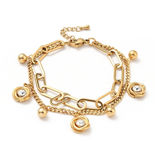 

PandaHall Crystal Rhinestone Knot and Round Ball Charm Multi-strand Bracelet, Vacuum Plating 304 Stainless Steel Double Layered Chains..., Clear