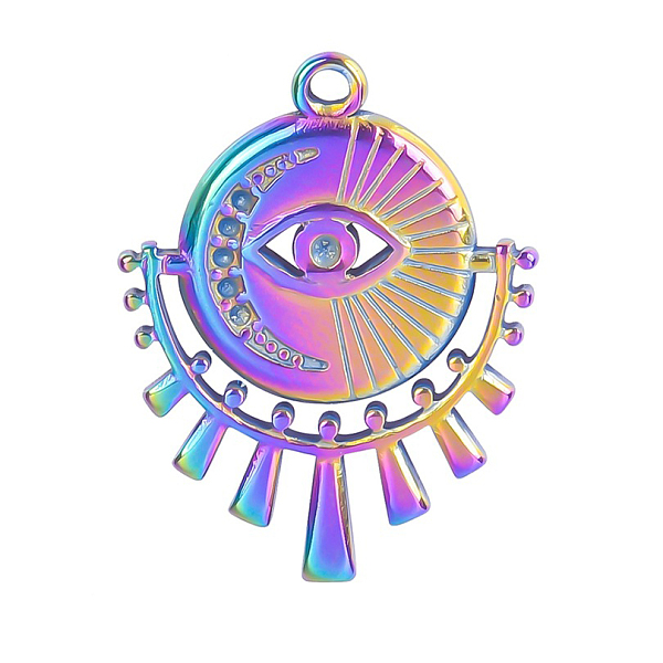 

PandaHall Stainless Steel Pendants, Flat Round with Evil Eye Charms, Rainbow Color, 25x19mm, Hole: 1.5mm Stainless Steel Flat Round
