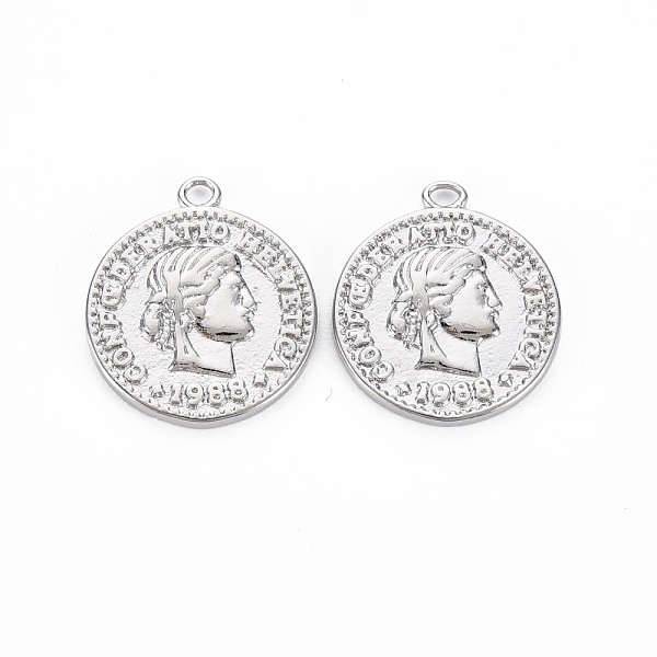 

PandaHall Brass Coin Charms, Flat Round, Nickel Free, Real Platinum Plated, 19x16x2mm, Hole: 1.6mm Brass Flat Round