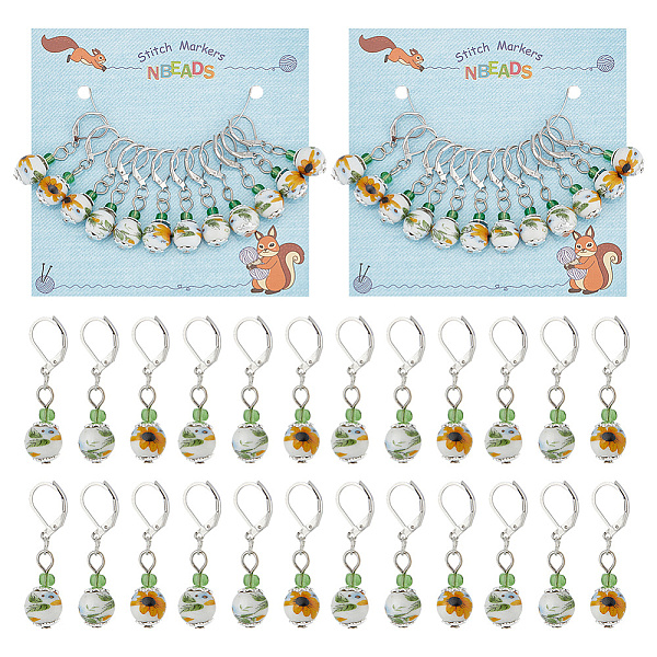 

PandaHall Handmade Porcelain Pendant Stitch Markers, Round with Sunflower Pattern Crochet Leverback Hoop Charms, Locking Stitch Marker with..., White