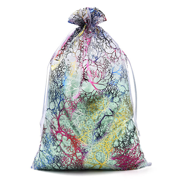 PandaHall Organza Gift Bags, Drawstring Bags, with Colorful Coral Pattern, Rectangle, White, 30x20cm Organza Flower White