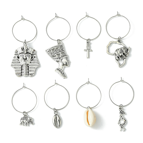 

PandaHall 8 Pcs Tibetan Style Alloy & Cowrie Shell Wine Glass Charm, with Brass Wine Glass Charm Rings, Cross/Elephant/Shell Shape, Antique...