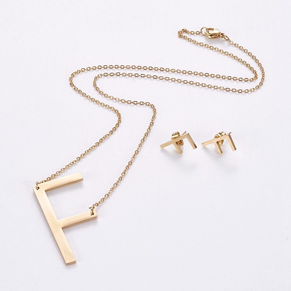 

PandaHall 304 Stainless Steel jewelry Sets, Stud Earring and Pendant Necklaces, Alphabet, Golden, Letter.F, 18.7 inch~20.2 inch(47.5~51.3cm)...