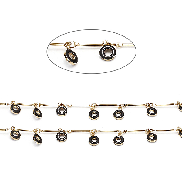 

PandaHall Brass Bar Link Chains, with Enamel Charms and Spool, Soldered, Long-Lasting Plated, Donut, Real 18K Gold Plated, Black, 15x1mm...