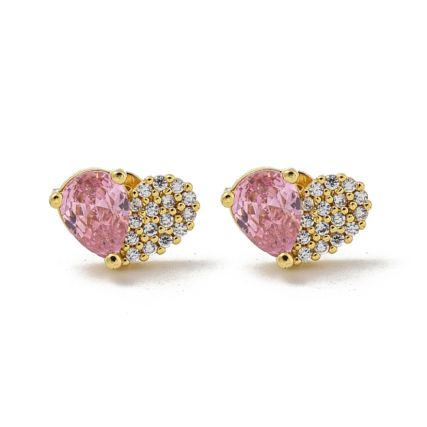 Heart Brass Pave Cubic Zirconia Stud Earrings For Women