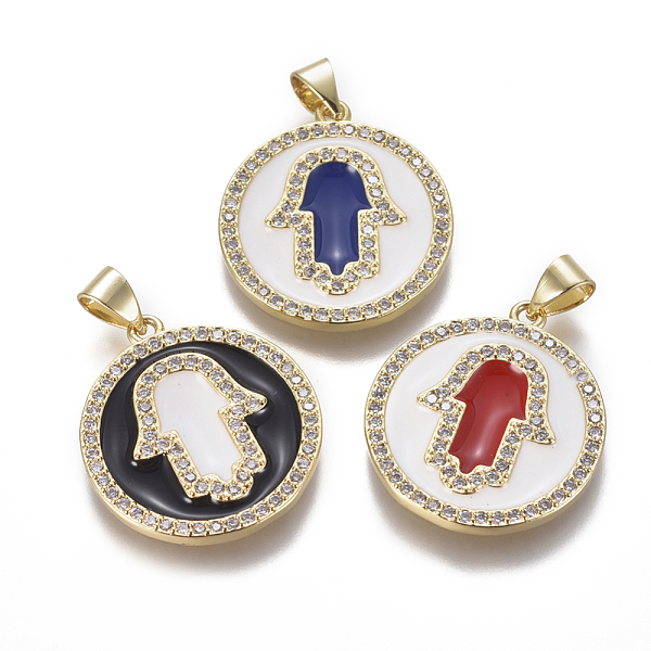 

PandaHall Golden Plated Brass Micro Pave Cubic Zirconia Pendants, with Enamel, Flat Round with Hamsa Hand/Hand of Fatima/Hand of Miriam..., Multicolor