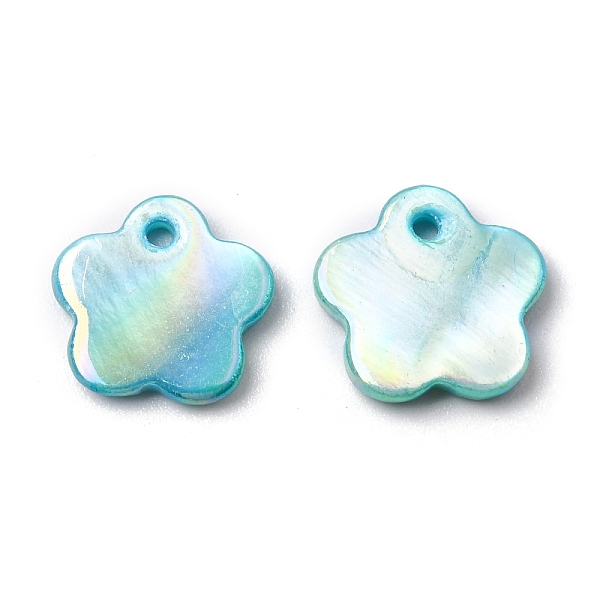 

PandaHall Natural Freshwater Shell Flower Charms, Dyed, AB Color Plated, Pale Turquoise, 11x11.5x1.5mm, Hole: 1.2mm Freshwater Shell Flower