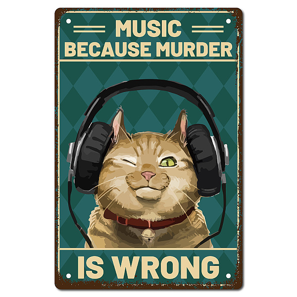 PandaHall CREATCABIN Cat Metal Tin Sign Music Because Murder is Wrong Metal Poster Vintage Retro Art Mural Hanging Iron Painting Plaque...