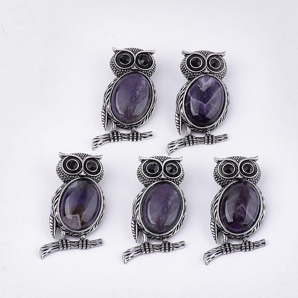 

PandaHall Natural Amethyst Brooches/Pendants, with Rhinestone and Alloy Findings, Owl, Antique Silver, 51x28~29x15~16.5mm, Hole: 4.5x8.5mm..., Black