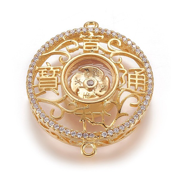 

PandaHall Brass Micro Pave Cubic Zirconia Links, with Glass, Flat Round with Chinese Character, Golden, 28x23x7mm, Hole: 1mm Glass Flat...