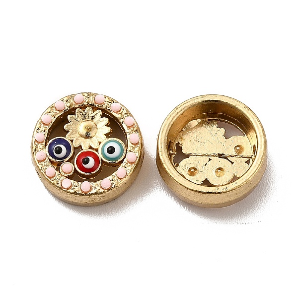 

PandaHall Alloy Enamel Beads, with Synthetic Turquoise, Flat Round with Flower & Evil Eye, Light Gold, 12.5x5.5mm, Hole: 1.5mm Alloy+Enamel...