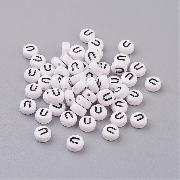 Flat Round With Letter U Acrylic Beads