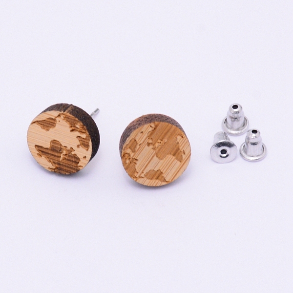 

PandaHall Natural Wood Stud Earrings, with Stainless Steel Stud Earring Findings and Ear Nuts, Flat Round, Bisque, Earth Pattern, 12x4mm..., Orange