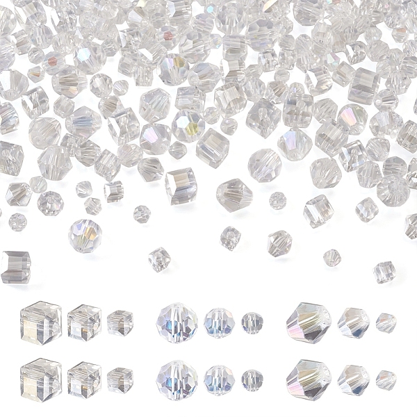 

PandaHall Biyun 300Pcs 9 Style Electroplate Glass Beads Strands, AB Color, Faceted, Round & Cube & Bicon, Clear AB, 4~8x4~8x4~8mm, Hole..., White