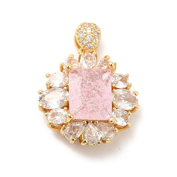 

PandaHall Brass Micro Pave Clear Cubic Zirconia Pendants, with Glass, Flat Round with Rectangle, Real 18K Gold Plated, Pink, 25mm, Hole...