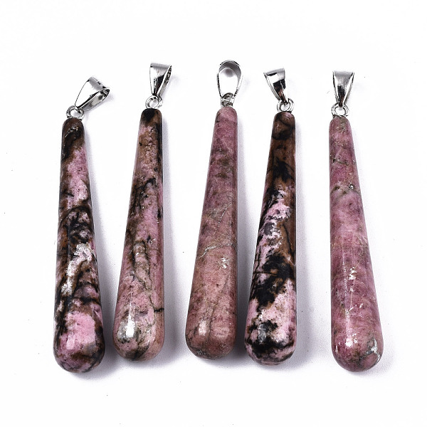 

PandaHall Natural RhodoniteBig Pendants, with Platinum Tone Iron Pinch Bail, Teardrop, 58.5~59.5x10mm, Hole: 4x6.5mm Rhodonite Teardrop